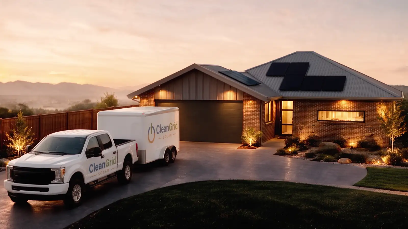 A brick home with black solar panels on the roof and a Clean Grid Solar truck and trailer in the driveway at sunset