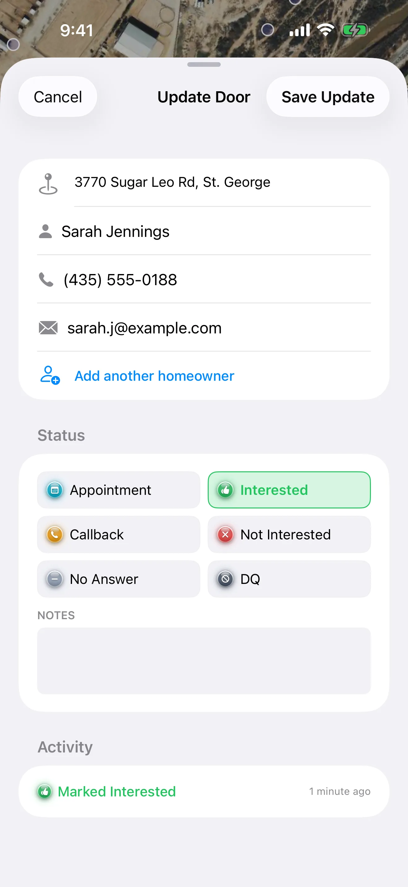 Knocker door screen: homeowner name, phone, email, and status buttons for Appointment, Interested, Callback, Not Interested, No Answer, and DQ