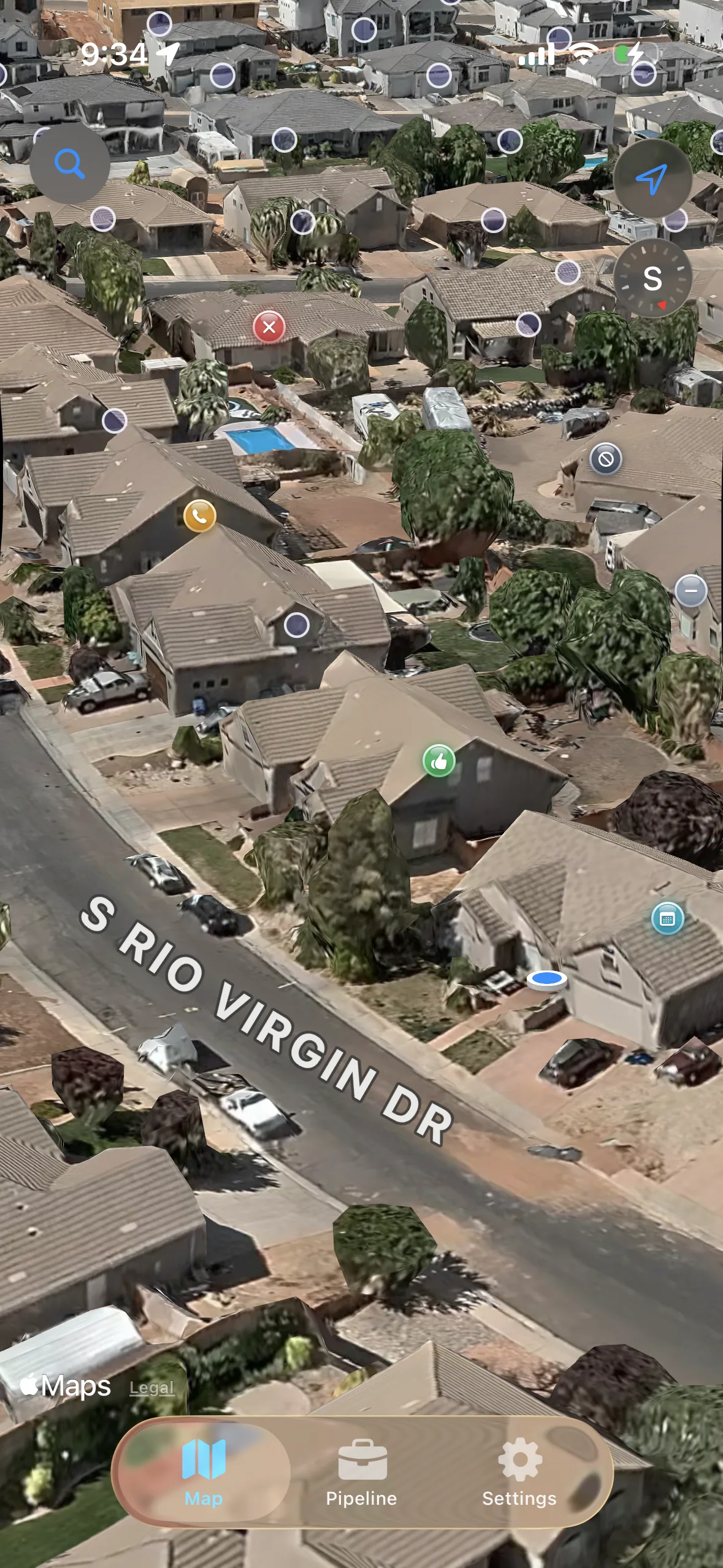 Knocker map: a 3D view of a neighborhood with a colored status marker on each home